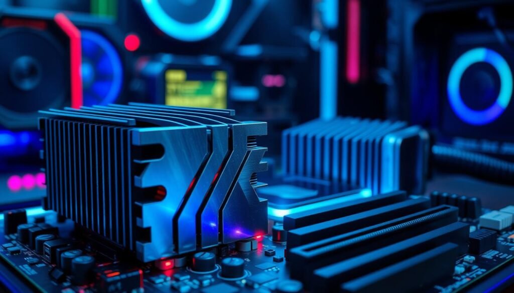 A detailed depiction of a VRM cooling system on a motherboard, showcasing an ITX form factor. In the foreground, focus on the intricate heatsinks, featuring a sleek, metallic finish with deep grooves for optimal heat dissipation, paired with vibrant LED lighting highlighting their contours. The middle ground features an advanced motherboard layout with tightly packed capacitors and carefully arranged power phases. Background elements include a softly blurred, tech-inspired environment, with a hint of a gaming setup or workstation. The scene is illuminated with cool, blue-toned lighting, creating a high-tech atmosphere. Capture this composition from a slightly elevated angle to emphasize the cooling design and components, aiming for a dynamic yet professional aesthetic.