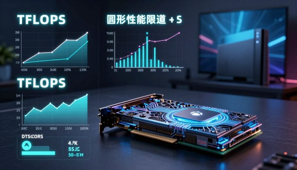 A detailed graphical illustration of a technical GPU specification for a gaming console, showcasing key parameters like TFLOPS, bandwidth, and graphical performance limits. In the foreground, display a sleek digital representation of an Xbox Series S GPU with glowing circuits and dynamic light effects to convey advanced technology. The middle section can feature overlays of graphical data, such as performance charts, bandwidth graphs, and TFLOPS indicators, glowing softly under ambient lighting. In the background, use a subtle hint of a gaming setup environment with a blurred console and TV, creating a high-tech atmosphere. The overall mood should be analytical and engaging, highlighting the intricacies of GPU performance and limitations in a modern gaming context. Use a cool color palette with neon accents to emphasize the tech aesthetics.