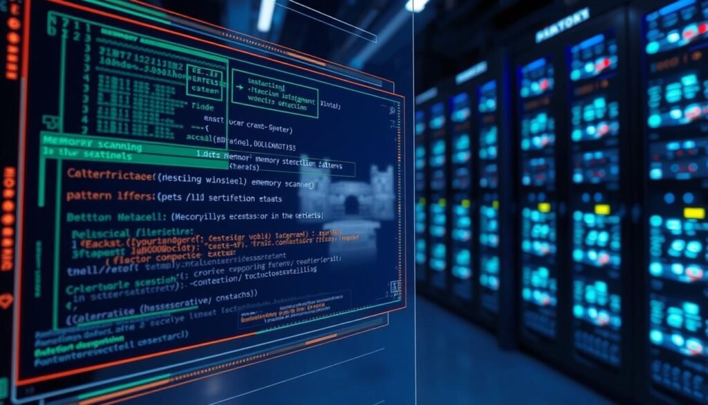 A detailed illustration of the inner workings of VAC (Valve Anti-Cheat) memory scanning functionality, depicted in a high-tech, futuristic setting. In the foreground, visualize a digital interface displaying dynamic memory scanning patterns and code snippets, symbolizing active detection processes. The middle layer features a stylized representation of a game environment, such as a Counter-Strike map, highlighted by visual cues indicating vulnerabilities and potential exploits. In the background, softly blurred computer server racks with LED lights create a tech-savvy atmosphere. The lighting is cool and ambient, casting blue and green tones, evoking a sense of digital surveillance. The angle is slightly tilted for a dramatic effect, emphasizing the complexity of the VAC system and its weaknesses. The overall mood is intense and analytical.