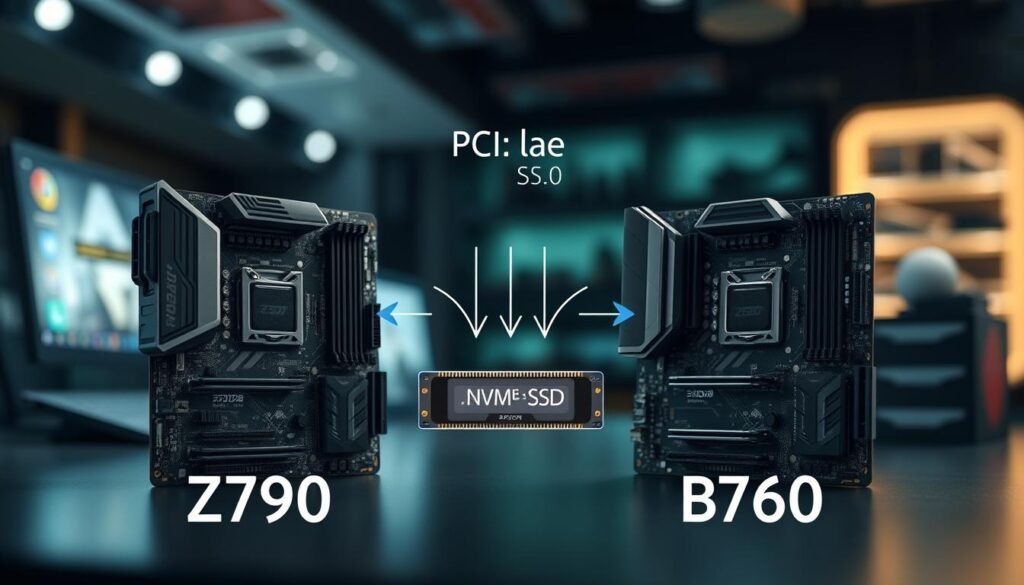 A detailed illustration of two computer chipsets, the Z790 and B760, displayed prominently in the foreground, highlighting their differences in design and layout. The Z790 chipset, with a modern, sleek cooling solution, is juxtaposed with the B760, featuring a slightly simpler design. In the middle ground, show a comparison of PCIe lanes with arrows pointing towards a representation of an NVMe SSD, emphasizing the distinctions in their capabilities. The background should be a blurred tech workspace with ambient lighting that creates a professional and informative atmosphere. Use a shallow depth of field with soft lighting to focus on the chipsets, while maintaining clarity. Capture a mood of technological sophistication and innovation, perfect for an article on motherboard features.