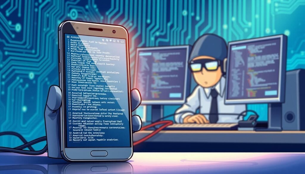 A detailed illustration of various techniques used in bypassing Android root detection, focusing on a sleek, modern smartphone displayed prominently in the foreground. The screen showcases an intricate code editor filled with lines of programming, symbolizing obfuscation methods. In the middle ground, a computer workstation with multiple monitors highlights Android debugging tools, cables, and a hacker persona in professional attire, deeply focused on the process. The background features a digital environment with circuit patterns and binary code, representing the high-tech theme. Soft blue and green lighting creates a tech-savvy atmosphere, with a slight focus blur on the background to emphasize the foreground elements. The overall mood is one of innovation and cybersecurity, inviting curiosity and engagement with the subject matter.