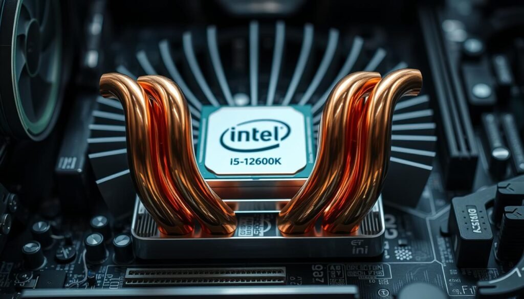 A detailed image of a CPU cooler featuring six copper heat pipes arranged optimally to enhance thermal performance. In the foreground, the intricacies of the heat pipes are highlighted, showcasing their shiny copper finish and efficient design. The cooler is positioned on a modern computer motherboard, with an Intel i5-12600K CPU in the center. In the middle background, the cooler’s aluminum fins radiate outward, emphasizing its cooling capability. Subtle ambient lighting accentuates the metallic textures, while a shallow depth of field focuses on the cooler, creating a professional, high-tech atmosphere. The overall mood is sleek and performance-oriented, suitable for showcasing budget-friendly cooling solutions in computing.