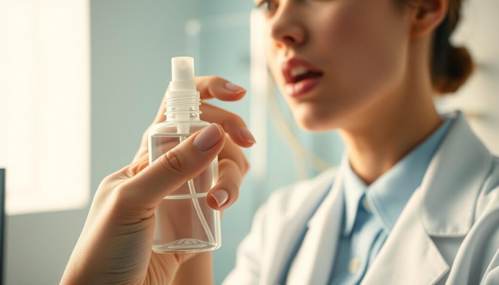 A detailed image showing the correct usage of an oral spray medication. In the foreground, focus on a clear hand holding an elegant, modern spray bottle, with the nozzle directed towards an open mouth. The middle ground features a close-up of a person, dressed in professional attire, demonstrating the spray technique, showcasing their attentive expression, indicating the importance of proper usage. The background features a clean, softly lit bathroom setting with light colors, conveying a calm and hygienic atmosphere. The lighting should be warm and inviting, creating a sense of comfort and safety. The image should have a focused lens with a slight depth of field, emphasizing the hand and spray bottle while softly blurring the background for clarity and engagement. A detailed image showing the correct usage of an oral spray medication. In the foreground, focus on a clear hand holding an elegant, modern spray bottle, with the nozzle directed towards an open mouth. The middle ground features a close-up of a person, dressed in professional attire, demonstrating the spray technique, showcasing their attentive expression, indicating the importance of proper usage. The background features a clean, softly lit bathroom setting with light colors, conveying a calm and hygienic atmosphere. The lighting should be warm and inviting, creating a sense of comfort and safety. The image should have a focused lens with a slight depth of field, emphasizing the hand and spray bottle while softly blurring the background for clarity and engagement.
