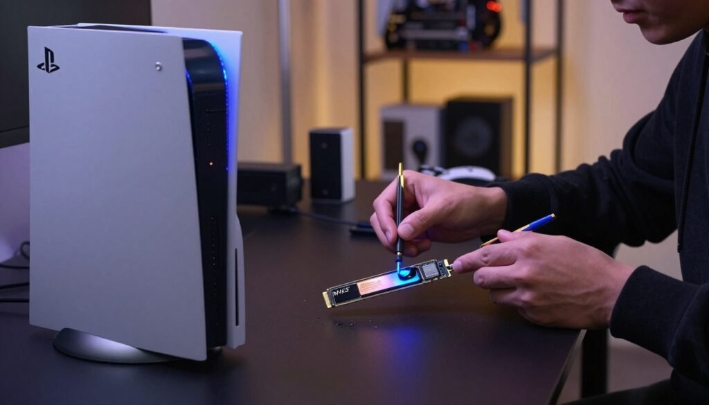 A detailed setup for overclocking a PS5 SSD, featuring an elegant workspace. In the foreground, a sleek PS5 console sits open, with a shining NVMe SSD neatly laid out beside it, glimmering under soft LED lights. In the middle, a pair of hands in professional attire, carefully adjusting thermal paste on the SSD with precision tools. The background showcases shelves filled with gaming gear and tech gadgets, casting a warm glow from ambient lighting. A subtle hint of excitement and anticipation fills the air, reflecting the risks and rewards of overclocking. The angle is slightly tilted to capture the intricate details, creating an engaging perspective. Ensure the scene conveys professionalism and focus, with an emphasis on the technical aspects of the process.