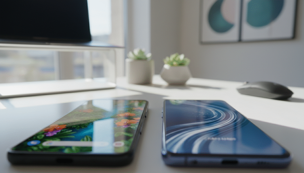 A detailed side-by-side comparison of two smartphones, the Google Pixel 8a and Samsung Galaxy S24, showcasing their screens under a bright, natural light setting. In the foreground, focus on both phones, displaying their vibrant displays with enhanced brightness and clarity. The Pixel 8a should be depicted on the left, its screen showing vivid colors, while the Galaxy S24 on the right highlights its high refresh rate. Each screen should reflect distinct features like the Gorilla Glass protection. In the background, a soft-focus setting emphasizes a tech-savvy workspace with abstract elements, creating a modern mood. Use a slight downward angle to emphasize the screens, ensuring they appear sharp and engaging without any text or logos present.