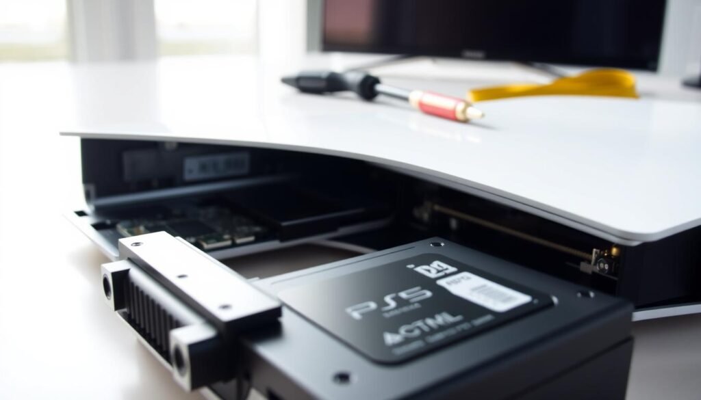 A detailed step-by-step installation guide for an M.2 SSD on a PlayStation 5, focusing on the SSD itself prominently in the foreground, showcasing its sleek design and connectors. In the middle, include an open PS5 console with visible internal components, emphasizing the SSD slot, bathed in soft, natural lighting that highlights the contrasts. The background features a clean, modern workspace, with tools like a screwdriver and anti-static wrist strap neatly arranged, suggesting a professional atmosphere. Capture the scene from a slightly elevated angle to provide a clear view of the installation process, instilling a sense of focus and excitement for DIY tech enthusiasts.