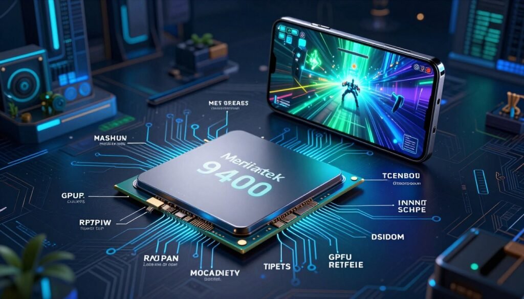 A detailed technical illustration showcasing the Mediatek Dimensity 9400 chipset, prominently displayed in the foreground with a sleek, modern design. The chipset should be depicted with clear labeling of its features like GPU capabilities, ray tracing technology, and performance metrics, all surrounded by intricate circuit patterns and glowing lines that convey high-tech sophistication. In the middle ground, a stylized gaming smartphone is angled slightly to showcase its screen displaying vibrant graphics, simulating a console gaming experience. The background features a dynamic, digital landscape with abstract shapes and glowing elements, rich in blues and greens, evoking a sense of advanced gaming technology. The lighting should be dramatic, with soft shadows enhancing the details of the chipset, creating a futuristic and immersive atmosphere.