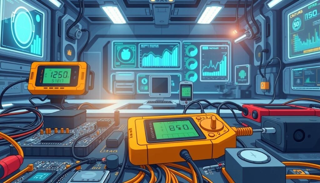 A detailed technical illustration showcasing traditional methods of Android root detection. In the foreground, display intricate circuit boards and Android devices, intricately connected with wires and tools like a multimeter and debug device, symbolizing the examination process. The middle layer features a futuristic laboratory setting with bright LED lights illuminating the workspace, emphasizing a high-tech atmosphere. The background subtly includes holographic displays showing graphs and data analytics related to Android security, enhancing the theme of technological scrutiny. Use soft, focused lighting to create a professional ambiance, reflecting caution and precision in the operation. Capture the mood of a serious investigation into mobile device security, ensuring the entire scene feels cutting-edge and informative.