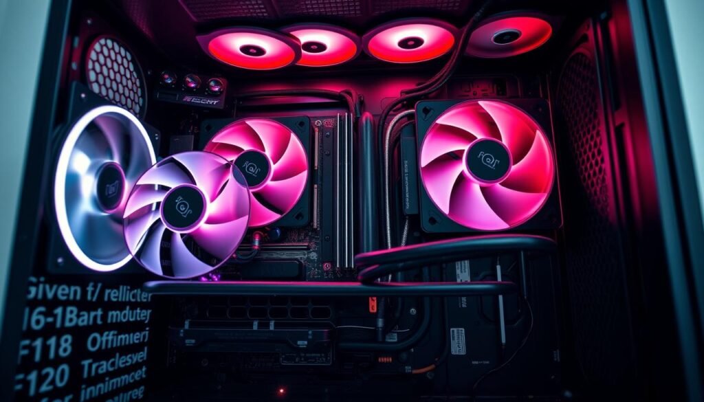 A detailed view of a computer case showcasing optimal fan airflow configuration, featuring an AIO 120mm liquid cooler and a car radiator seamlessly integrated into the setup. In the foreground, highlight the fans with illuminated LED rings, positioned for maximum airflow, creating a dynamic visual effect. The middle ground should display the custom mounting of the radiator alongside cable management, demonstrating a clean and efficient layout. In the background, display the interior of the case with dust filters and fan guards visible, under soft, diffused lighting that casts gentle shadows. Use a wide-angle shot to capture the entire assembly, evoking a sense of technical sophistication and cooling efficiency in a modern gaming environment.