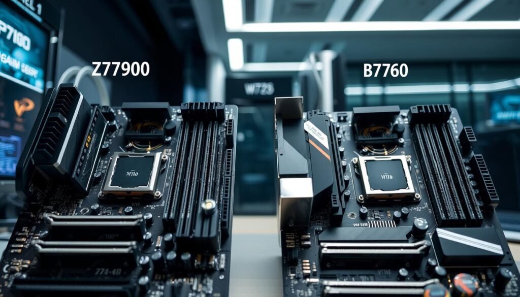 A detailed view of a cutting-edge motherboard contrasting the Z790 and B760 chipsets, emphasizing their PCIe lane allocation. The foreground features a close-up of the motherboard, showcasing multiple M.2 slots and the PCIe lanes with distinct markings. In the middle ground, include various components like capacitors and VRMs, meticulously designed for high-performance. The background shows a sleek, modern workstation environment with subtle lighting, reflecting a professional atmosphere. Soft, diffused light highlights the intricate details of the motherboard’s layout, while the camera angle is slightly elevated for a dynamic perspective, enhancing the technological feel of the scene. No text or overlays are present in the image.