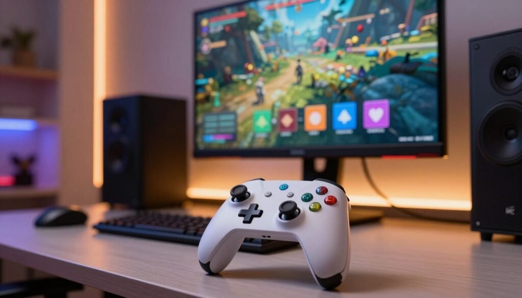 A detailed visual representation of gaming accessibility features for visually impaired players. In the foreground, showcase a close-up of a modern gaming controller with tactile buttons and high-contrast colors, set on a sleek gaming desk. In the middle ground, depict a high-resolution gaming monitor displaying a vibrant game scene designed with accessible color palettes and large icons. In the background, a cozy gaming room ambiance with softly lit LED lights illuminating the space, creating a warm atmosphere. The lighting should be soft yet focused, emphasizing the details of the controller and screen, while maintaining a sense of inviting calmness in the room. The scene captures the spirit of inclusivity and advanced technology in gaming.