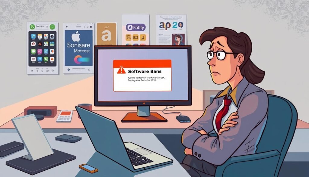 A digital illustration depicting a modern workspace with a computer screen showing an alert message indicating software bans. In the foreground, a concerned professional, wearing business attire, is sitting at the desk, looking at the screen with a mix of surprise and worry, highlighting the emotional impact of software bans. The middle ground features a sleek laptop and scattered tech gadgets, symbolizing the tech-savvy era of 2010. In the background, a wall with posters of popular apps from that time adds context, while soft, ambient lighting creates a serious yet intriguing atmosphere. The overall mood reflects tension and concern, capturing the essence of software controversies without any text or distractions.