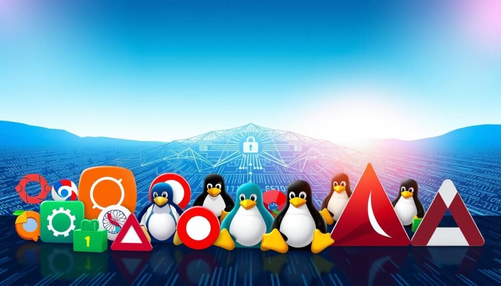 A digital illustration showcasing the diversity of Linux distributions and their architecture. In the foreground, an array of distinct Linux logos like Ubuntu, Fedora, and Arch Linux, arranged like colorful puzzle pieces, symbolizing diversity and flexibility. The middle ground features a stylized, abstract representation of computer architecture diagrams with interconnecting lines and nodes, embodying complexity and security. The background consists of a serene, gradient blue sky transitioning to a deep tech-inspired digital landscape with shimmering binary code, conveying a sense of advancement. Soft, focused lighting highlights the logos and architecture, creating a professional, engaging atmosphere that emphasizes security through diversity. The composition is balanced and visually appealing, suitable for an informative article.
