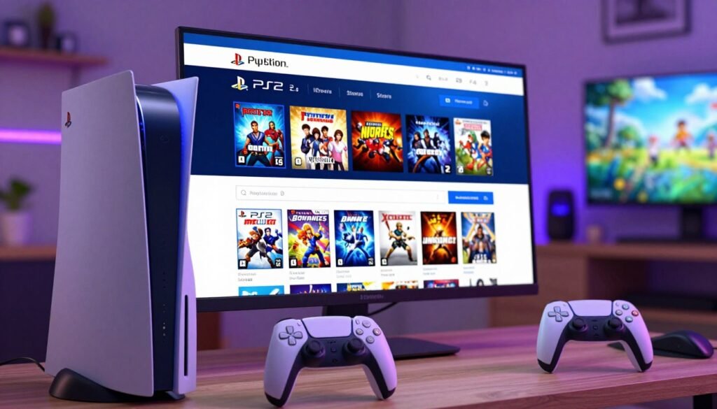 A digital storefront scene featuring a vibrant, well-organized PlayStation Store interface, prominently displaying PS2 game titles in an attractive layout. In the foreground, a sleek modern console and a DualSense controller are positioned, suggesting the duality of retro gaming on a current-generation system. The middle section showcases the PlayStation Store browsing experience, with colorful game covers and a user-friendly search bar, illuminated by soft ambient lighting that highlights the excitement of discovering new games. In the background, hints of a cozy gaming room with a large screen showcasing gameplay add depth to the scene. The atmosphere is engaging and nostalgic, evoking a sense of joy and anticipation for gaming enthusiasts. The image is captured with a slightly angled perspective, emphasizing the store layout and enhancing the visual appeal.