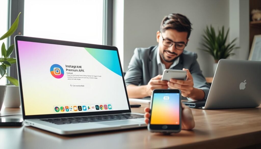 A digital workspace scene illustrating the process of downloading a modified Instagram Premium APK. In the foreground, a laptop is open, displaying an engaging download interface with vibrant colors and app icons. Beside the laptop, a smartphone shows a progress bar, indicating the app's installation. In the middle ground, soft lighting creates an inviting atmosphere, while a young professional in smart casual attire examines their device, focused and engaged. The background features a tidy desk with tech gadgets and a potted plant, adding a touch of greenery. The overall mood is tech-savvy and optimistic, suggesting ease of use and modernity. The composition captures the dynamic and innovative nature of downloading apps safely. A digital workspace scene illustrating the process of downloading a modified Instagram Premium APK. In the foreground, a laptop is open, displaying an engaging download interface with vibrant colors and app icons. Beside the laptop, a smartphone shows a progress bar, indicating the app's installation. In the middle ground, soft lighting creates an inviting atmosphere, while a young professional in smart casual attire examines their device, focused and engaged. The background features a tidy desk with tech gadgets and a potted plant, adding a touch of greenery. The overall mood is tech-savvy and optimistic, suggesting ease of use and modernity. The composition captures the dynamic and innovative nature of downloading apps safely.