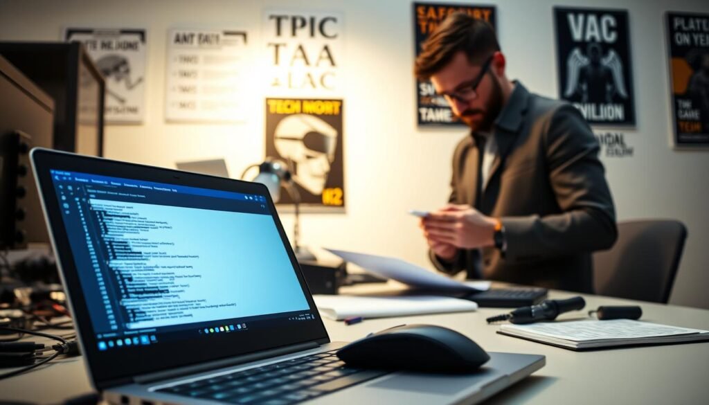 A digital workspace showcasing a detailed tutorial on "VAC Anti Cheat Bypass". In the foreground, a sleek laptop with a high-resolution screen displaying coding scripts and a step-by-step visual guide, illuminated by a soft, cool blue light. Nearby, a professional, focused individual in smart casual attire is taking notes, emphasizing concentration and precision. In the middle ground, an organized desk cluttered with technical gadgets, such as a mouse, keyboard, and a notepad filled with concepts. In the background, a softly blurred wall adorned with motivational tech-themed posters, enhancing the atmosphere of expertise and innovation. The lighting is bright but soft, creating a focused yet inviting ambiance, capturing the essence of a practical tech tutorial in action.