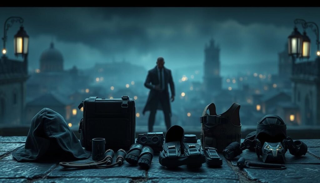 A dimly lit, atmospheric scene showcasing an assortment of sleek, high-tech gear and equipment ideal for stealth in Assassin's Creed Shadows. In the foreground, highlighted objects include a dark tactical hood, lightweight armor with muted colors, and specialized climbing gear, all placed strategically on a stone surface. In the middle ground, a shadowy figure in professional, modest attire stands poised, examining the gear with an air of determination. The background features a blended silhouette of an ancient cityscape at dusk, shrouded in mist and softly illuminated by the glow of distant lanterns. A cool color palette evokes a mysterious, stealthy mood, enhancing the feeling of anticipation and strategy. The image should have a slight depth of field, focusing attention on the gear while the figure remains partially blurred, creating an immersive atmosphere.
