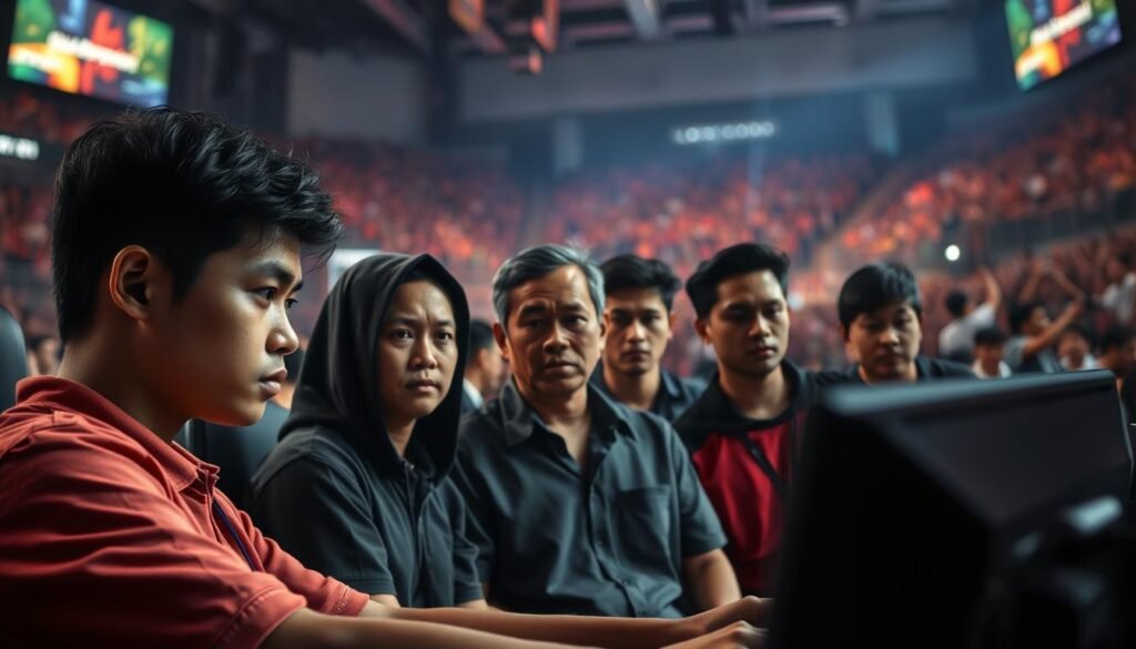 A dramatic scene depicting a high-stakes esports tournament, illustrating the theme of discrimination. In the foreground, tense faces of professional Indonesian esports players in modest casual attire, focused on their screens, showcasing their determination. In the middle ground, a panel of international judges, diverse in appearance, sternly evaluating the players, highlighting biases in their expressions. The background features a vibrant esports arena filled with cheering fans, bright stage lights illuminating the scene, adding a sense of urgency. The composition should have a slightly dark ambiance to reflect the serious theme of discrimination, captured in a dynamic angle, akin to an action shot, emphasizing the players’ intense concentration and emotions.