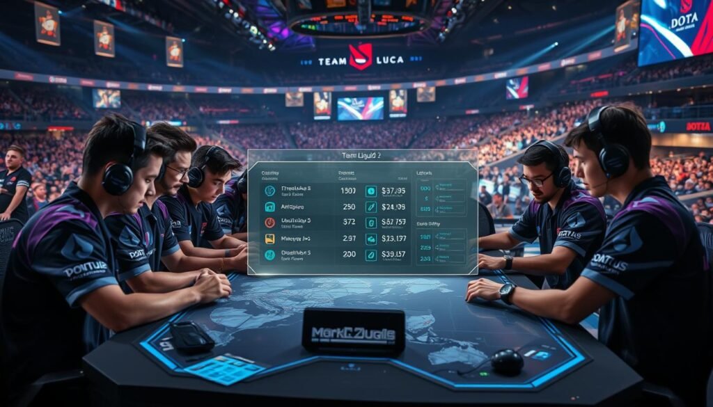 A dynamic Dota 2 gameplay scene showcasing Team Liquid's strategic analysis during a crucial match. In the foreground, a diverse group of professional esports players, dressed in sleek team jerseys and focused expressions, intensely discuss their strategies around a high-tech gaming table littered with maps and digital screens displaying game data. In the middle, a stylized transparent overlay of game statistics and hero abilities, subtly glowing. The background features a modern esports arena filled with vibrant lights and an enthusiastic crowd, enhancing the atmosphere of competition and teamwork. The lighting is bright and dramatic, with a strong contrast highlighting the players' faces and the excitement in the arena. Overall, the mood is tense yet collaborative, reflecting the depth of strategic planning in Dota 2.