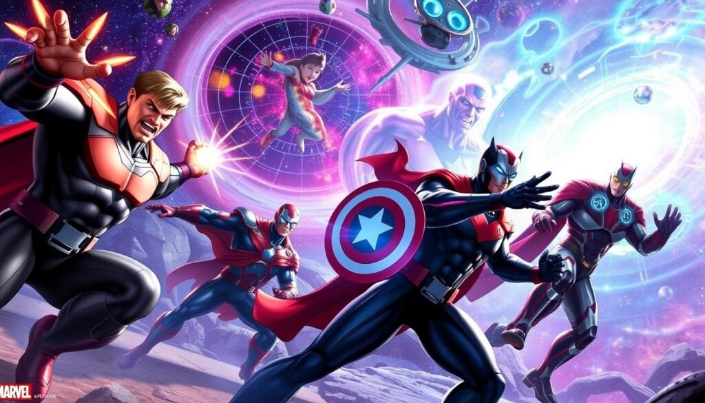 A dynamic Marvel character team in action, showcasing their unique playstyles in a vibrant and colorful cosmic setting. The foreground features a diverse group of superheroes, each in a battle stance: a powerful character with energy blasts in one hand, a stealthy hero preparing to launch a sneak attack, and a tech-savvy hero analyzing their surroundings with holographic displays. The middle ground reveals an epic cosmic battlefield, with swirling galaxies and shimmering stars creating a sense of vastness. In the background, a dramatic nebula adds depth and color. The lighting is bright and energetic, enhancing the heroes' powers, with dynamic angles to emphasize movement. The overall mood is heroic and exciting, reflecting the thrill of strategic character selection in gameplay.