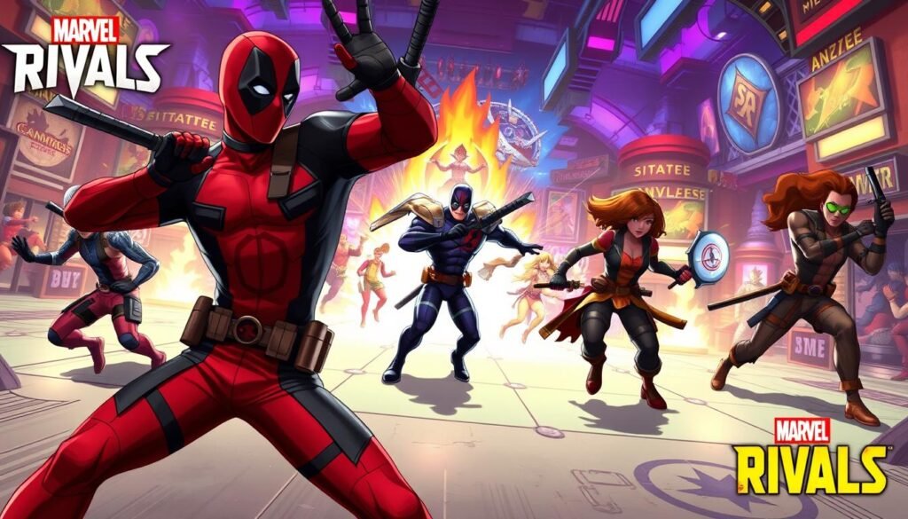 A dynamic and engaging illustration of Deadpool in action within a vibrant gaming environment, showcasing him using strategic gameplay techniques in "Marvel Rivals." In the foreground, depict Deadpool in his iconic red and black suit, performing a signature playful pose while holding dual katanas. In the middle, include various animated teammates and opponents, emphasizing teamwork and tactical positioning, creating a sense of motion and collaboration. In the background, illustrate a colorful, fantastical battle arena with comic-style details and exaggerated visual effects. Use dramatic lighting to enhance contrasts, with shadows highlighting the intensity of the scene, and a slightly tilted camera angle to convey excitement and energy. The mood should be lively and adventurous, emphasizing fun and strategy in gameplay.