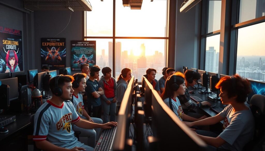 A dynamic and engaging scene showcasing the benefits of joining an esports academy. In the foreground, a group of diverse young adults are gathered around high-tech gaming setups, deeply focused on screens displaying vibrant gameplay. They are dressed in professional esports jerseys and casual attire, exuding teamwork and excitement. In the middle ground, posters and banners highlight achievements and motivational quotes about growth in the esports world. The background features a large window revealing an urban skyline bathed in warm, golden hour light, creating an inspiring atmosphere. The scene is captured with a wide-angle lens, emphasizing a sense of community and dedication in a professional esports academy environment.