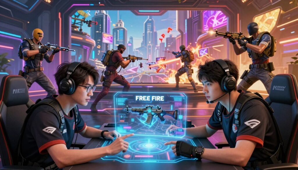 A dynamic and engaging visual representation of the future meta in the game Free Fire Max, showcasing characters in tactical gear, poised in a vibrant gaming environment. In the foreground, two professional gamers analyzing strategies on a holographic display, with one character highlighting a weapon from the new update, emphasizing its one-shot kill capability. The middle ground features an intense gaming arena filled with digital elements, glowing screens, and action-packed visuals that hint at the game’s vivid graphics. In the background, a futuristic cityscape with towering buildings and neon lights, symbolizing the advanced technology of the game. The lighting is dramatic with contrasting shadows, casting an energetic atmosphere that radiates anticipation and excitement for the game’s evolving meta.