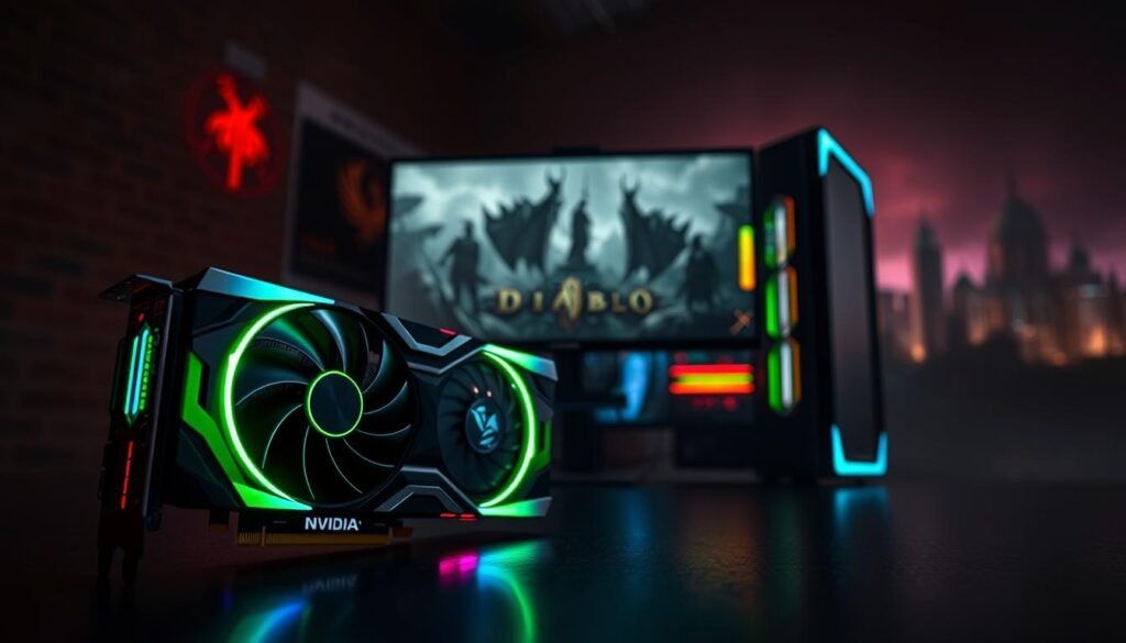 A dynamic and visually striking representation of NVIDIA’s gaming technology optimized for Diablo IV. In the foreground, a sleek NVIDIA graphics card glows with vibrant green and black accents, highlighting its advanced cooling technology and intricate design. The middle layer features a powerful gaming PC setup adorned with RGB lighting, showcasing a high-resolution monitor displaying an immersive Diablo IV gameplay scene with dark, detailed fantasy landscapes and characters. In the background, a subtle hint of a digital cityscape symbolizes innovation and tech advancement, illuminated by soft, ambient lighting. The atmosphere is intense yet awe-inspiring, capturing the essence of high-stakes gaming. The perspective is slightly angled to convey depth, using dramatic lighting to cast striking shadows that enhance the mood.
