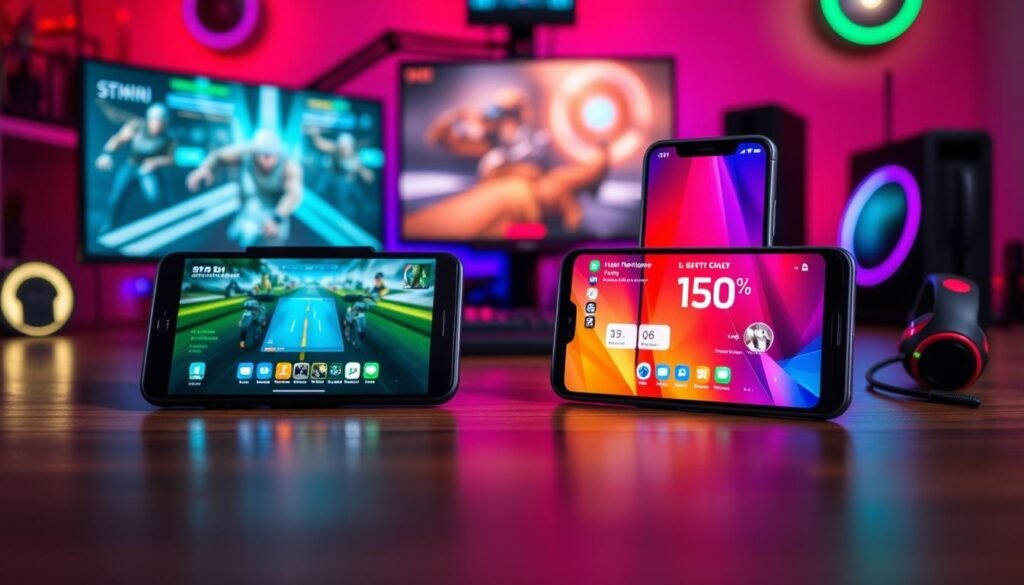 A dynamic composition illustrating a comparison between a used flagship gaming smartphone and a new mid-range model suitable for gamers. In the foreground, showcase both devices on a stylish wooden desk, with the flagship phone on the left featuring a sleek, premium design and the mid-range phone on the right with a modern, vibrant look. In the middle, display gameplay graphics on both screens, highlighting performance metrics. The background features a soft-focus gaming setup with RGB lighting and gaming peripherals to emphasize the gaming environment. Use dramatic lighting to create a vivid mood, while maintaining a professional atmosphere, captured from a slightly above angle to provide depth and emphasis on both devices.