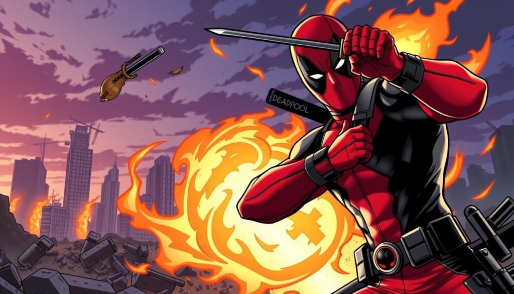 A dynamic depiction of Deadpool showcasing his unique abilities in a vibrant comic book style. In the foreground, Deadpool is in an action pose, his red and black suit exuding energy and charisma. His iconic mask reveals his mischievous eyes, and he wields dual katanas, ready for combat. The middle ground features swirling flames around him, illustrating his "En Fuego" ability, with vibrant oranges and yellows illuminating the scene. The background consists of a stylized urban landscape, hinting at a Marvel battlefield with skyscrapers and debris, all under a dramatic, twilight sky. Soft lighting casts bold shadows, enhancing the action-packed atmosphere, while a slight low-angle perspective emphasizes Deadpool's energetic presence and heroic flair.