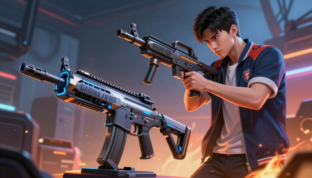 A dynamic digital illustration showcasing a futuristic one-shot kill weapon from the game "Garena Free Fire Max." In the foreground, feature a sleek, high-tech firearm with illuminated accents, poised on a stand. The middle grounds should depict a seasoned pro player in casual yet stylish esports attire, confidently holding the weapon and analyzing its features. The background includes a blurred battlefield setting with dramatic shadows and strategic lighting, hinting at a tense gaming environment. The color palette should be vibrant, with electric blue and fiery orange tones enhancing the mood of intensity and focus. Capture a cinematic angle with a slight downward perspective, emphasizing the weapon and the player’s concentrated expression. The overall atmosphere should convey a mix of excitement and professionalism, perfectly illustrating effective weapon usage tips in gameplay.