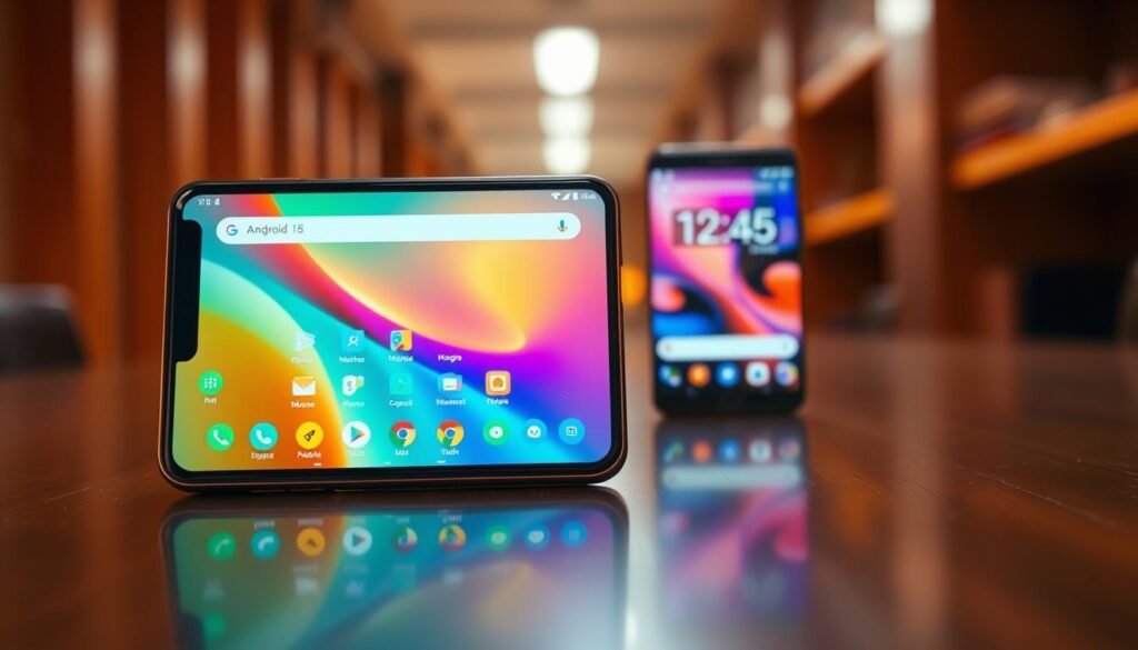 A dynamic image showcasing the performance and speed differences between Android 14 and Android 15. In the foreground, a sleek, modern smartphone displaying a vibrant interface representing Android 15, with visually distinct icons and smoother animations. The background features a blurred comparison phone running Android 14, hinting at its older interface. Use warm, ambient lighting to highlight the futuristic design of the Android 15 device, casting soft reflections on its glass surface. Capture the scene from a slightly elevated angle for an engaging perspective, creating a sense of motion. The overall mood conveys excitement and innovation, emphasizing the advancements in performance and speed without clutter or distractions.