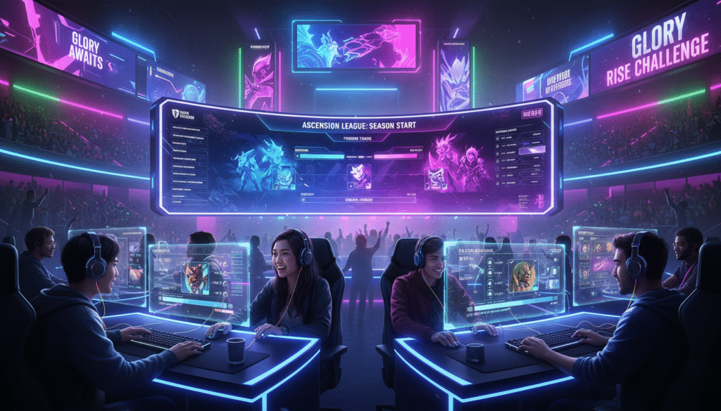A dynamic matchmaking queue scene set in a futuristic gaming hub. In the foreground, diverse gamers of various ethnicities sit at sleek, illuminated desks, focused on their high-tech screens showcasing matchmaking stats and player profiles. Their expressions reveal anticipation and excitement. In the middle ground, a large digital display shows a colorful and engaging matchmaking interface, with player avatars and progress bars. The background features a vibrant, neon-lit gaming arena, with digital billboards displaying game stats and slogans. The atmosphere is energetic and bustling, with soft, ambient lighting that creates an immersive experience. The image is captured from a slightly elevated angle, emphasizing the depth and busy nature of the matchmaking process, perfect for illustrating a competitive gaming environment.