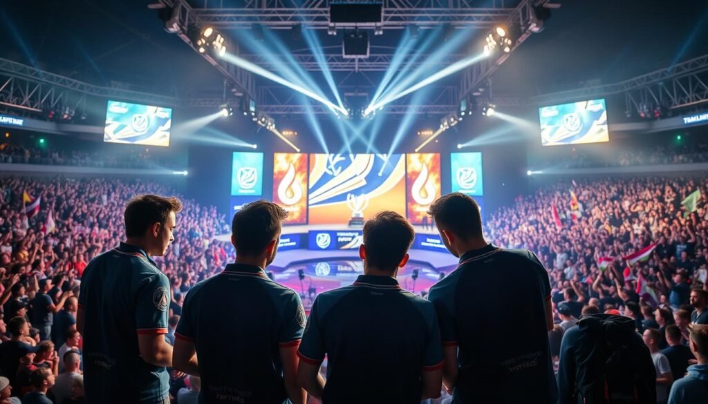 A dynamic scene capturing Team Liquid's historic victory at The International, showcasing the team's five members in an arena filled with cheering fans. In the foreground, the players are intensely focused, wearing a mix of their official esports jerseys and professional attire, engaged in deep strategy. The middle ground features an illuminated stage with colorful LED displays showcasing the championship trophy and vibrant team banners, hinting at their remarkable achievement of winning without using ultimates. In the background, a sea of enthusiastic fans, waving flags and holding signs, creates an energetic atmosphere under glowing lights. The lighting is dramatic with bright spotlights illuminating the players and soft, ambient light reflecting the excited crowd. The overall mood is triumphant and inspiring, emphasizing teamwork and skill in the competitive gaming world.