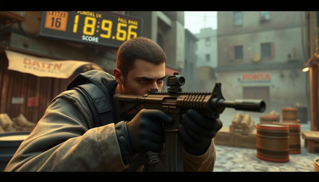 A dynamic scene depicting a classic Counter-Strike 1.6 gameplay moment, focused on a well-defined character wearing a tactical outfit, aiming a weapon in a competitive setting. In the foreground, the character's intense expression showcases concentration, with a detailed weapon and gear. The middle ground features a destructible urban map, with barrels and crates scattered around, hinting at strategic gameplay. The background captures a digital scoreboard, slightly out of focus, emphasizing the multiplayer aspect. Soft, atmospheric lighting highlights the character while casting dynamic shadows, creating tension and excitement. The overall mood should reflect competitive intensity and nostalgic nostalgia, reminiscent of classic gaming moments in a 3D-rendered style.
