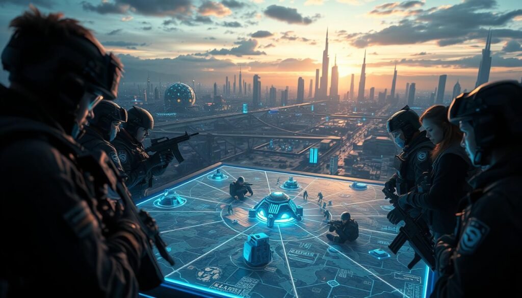 A dynamic scene depicting a strategic combat game set in a futuristic environment. In the foreground, a team of diverse tactical operators in professional gear, focused and ready for action, strategizing around a holographic battlefield map. The middle layer features an intricate digital landscape filled with high-tech structures and enemy models, under a dramatic, illuminated sky with hints of twilight colors. In the background, silhouettes of towering skyscrapers and advanced technologies hint at a sprawling urban setting. The atmosphere conveys intense focus and teamwork, illuminated by soft blue and green lights that emphasize the technology. Use a slightly low angle to give a sense of scale and depth. The overall mood is one of anticipation and strategy, capturing the excitement of the game's launch event.