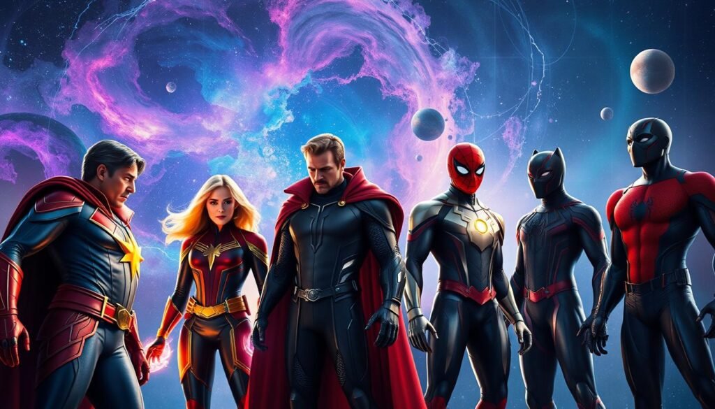 A dynamic scene featuring a diverse Marvel superhero team strategizing together in a cosmic setting. In the foreground, highlight iconic characters like Captain Marvel and Doctor Strange, engaged in a tactical discussion, showcasing their unique powers. The middle ground should include additional heroes, such as Spider-Man and Black Panther, standing ready, with energy emanating from their suits. The background reveals a vibrant cosmic nebula, filled with swirling stars and planets, creating a sense of depth and adventure. The lighting is dramatic, with a mix of blue and purple hues illuminating the characters' faces, enhancing the mood of collaboration and readiness for action. Use a wide-angle lens to emphasize the team’s unity against the vast cosmic backdrop.