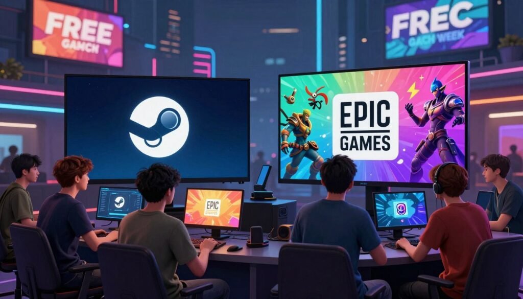 A dynamic scene illustrating the migration of gamers from Steam to Epic Games, focusing on a visually striking comparison of two digital storefronts. In the foreground, a diverse group of gamers, dressed in modern casual clothing, enthusiastically discusses their gaming choices. In the middle, two large screens display the Steam logo on one side and the Epic Games logo on the other, surrounded by vibrant graphics of popular game characters and titles. The background features a futuristic cityscape with digital billboards promoting free games each week, casting colorful lights over the scene. Soft, ambient lighting enhances the atmosphere, creating a sense of excitement and anticipation, while the angle captures the energy of the gamers' transition. The overall mood is one of enthusiasm and community while promoting the allure of Epic Games.