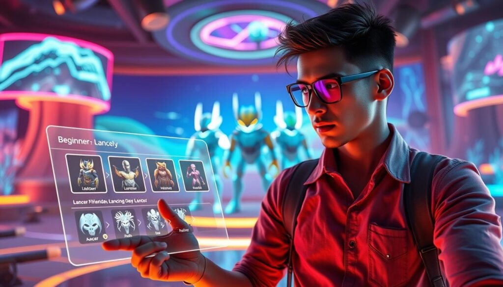 A dynamic scene showcasing a beginner-friendly Lancer in a vibrant gaming environment. In the foreground, a skilled gamer, dressed in a casual but neat outfit, is focused on a holographic interface displaying various Lancer options. The middle ground features futuristic Lancer characters, each with distinct designs, illuminated by soft, colorful neon lights that highlight their features. In the background, a stylized gaming landscape with digital landscapes and abstract shapes, representing energy and excitement, complements the foreground action. The mood is one of determination and intrigue, enhanced by a warm, inviting glow, as the camera angle looks slightly upward to capture both the gamer and the dazzling Lancer characters in a focused yet expansive view.