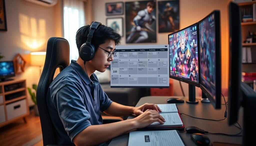 A dynamic scene showcasing the integration of a professional Mobile Legends player into their daily life. In the foreground, a focused gamer in modest casual clothing is immersed in training, sitting at a modern gaming desk filled with dual monitors displaying the game interface with colorful graphics. In the middle, a planner and schedule featuring training routines and personal commitments is visible, blending seamlessly into the vibrant gaming setup. In the background, the ambiance of a cozy and organized room, softly lit with warm light, conveys a sense of dedication and discipline. The composition captures the balance between gaming and daily responsibilities, evoking an atmosphere of motivation and focus as the player hones their skills for long hours. The angle offers a slightly elevated viewpoint, ensuring the entire setup is in view without distractions.