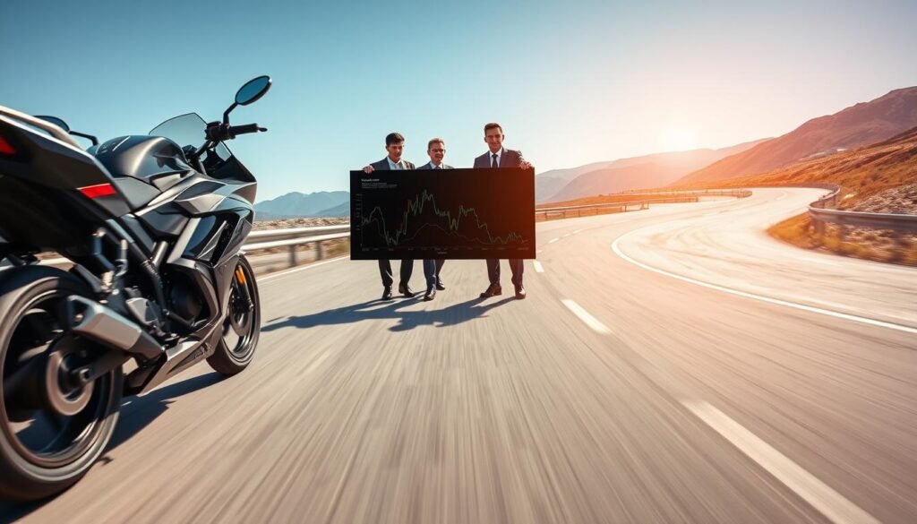 A dynamic scene showcasing the results of high-speed stabilization tests conducted at 120 km/h on a motorbike. In the foreground, a sleek motorbike is captured in motion, emphasizing speed with blurred wheels and a polished finish. The middle ground features a team of professionals in business attire, observing the stabilization results on a digital display, highlighting their focused expressions. In the background, a winding road is flanked by a clear blue sky and distant mountains, creating a sense of depth. The lighting is bright, simulating midday sun, enhancing the vibrancy of colors in the scene. The mood conveys precision and innovation in technology, drawing attention to the high-speed stabilization technology being tested.
