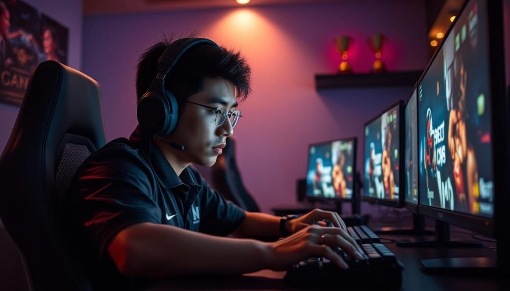 A focused Indonesian esports player sits at a gaming desk, wearing professional attire, completely immersed in gameplay. The scene features a dimly lit room illuminated by the soft glow of multiple screens showcasing intense gaming action. In the foreground, a gaming mouse and keyboard are prominently displayed, emphasizing concentration. In the middle ground, the player displays a mix of determination and stress, reflecting the psychological impact of competitive esports. The background includes subtle references to trophies and accolades on shelves, hinting at professional aspirations. The lighting captures shadows across the player's face, creating a dramatic atmosphere that highlights the mood of pressure and ambition in the esports arena.
