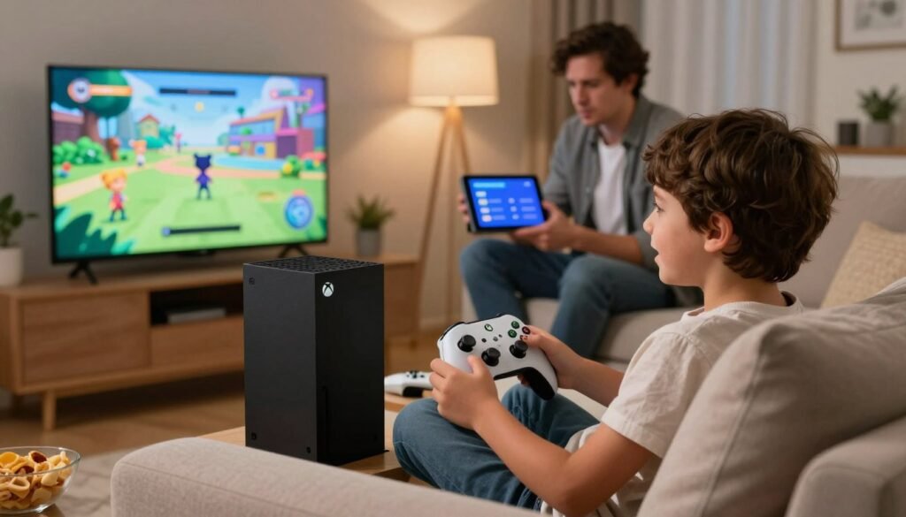 A focused scene depicting a modern family room where a child is seated on a comfortable sofa, actively engaging with an Xbox Series X console. The foreground features the child, dressed in casual, modest clothing, with an enthusiastic expression, navigating their game. In the middle ground, a sleek television displays colorful graphics of a popular children’s video game. In the background, a concerned parent is monitoring the activity from a distance, reviewing spending controls on a tablet, which reflects the importance of managing game expenses and microtransactions. Soft, warm lighting fills the room, creating a friendly, inviting atmosphere, while subtle details like game controllers and a snack bowl emphasize a typical gaming environment. The overall mood conveys a balance of fun and responsibility. A focused scene depicting a modern family room where a child is seated on a comfortable sofa, actively engaging with an Xbox Series X console. The foreground features the child, dressed in casual, modest clothing, with an enthusiastic expression, navigating their game. In the middle ground, a sleek television displays colorful graphics of a popular children’s video game. In the background, a concerned parent is monitoring the activity from a distance, reviewing spending controls on a tablet, which reflects the importance of managing game expenses and microtransactions. Soft, warm lighting fills the room, creating a friendly, inviting atmosphere, while subtle details like game controllers and a snack bowl emphasize a typical gaming environment. The overall mood conveys a balance of fun and responsibility.