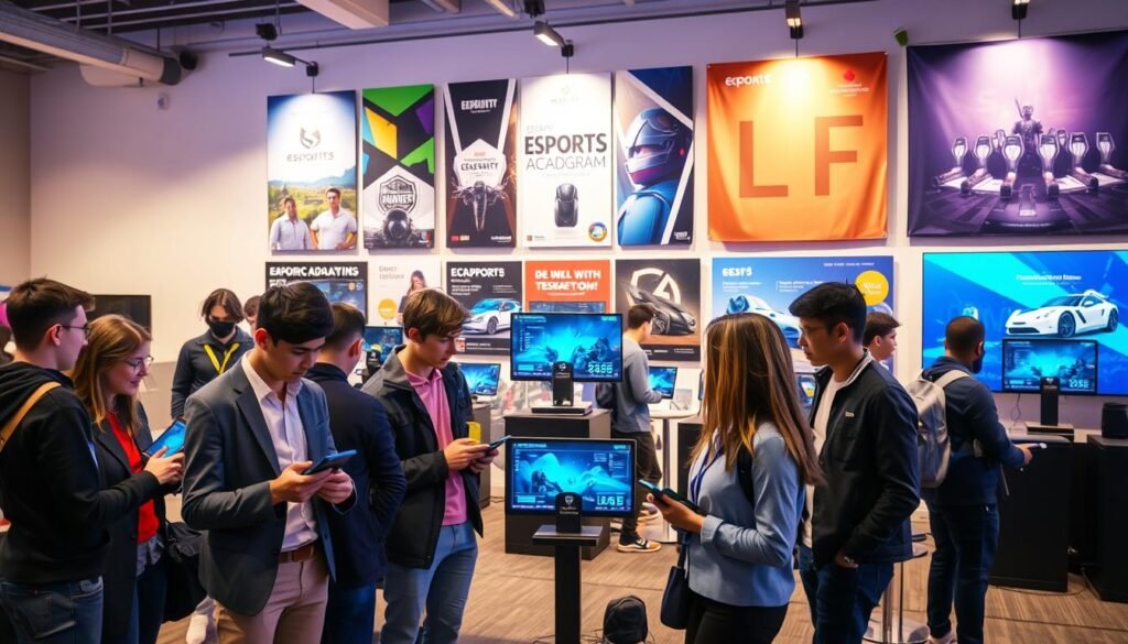 A focused scene illustrating a lively esports academy selection process. In the foreground, an enthusiastic group of diverse young gamers, dressed in smart casual attire, are engaged in discussions while reviewing digital devices displaying esports analytics. In the middle, a sleek exhibition of gaming equipment, including monitors and simulation setups, showcases the technological aspect of the academy. In the background, banners and posters promoting various esports programs hang on a modern wall, with a vibrant color palette reflecting energy and excitement. The lighting is bright but warm, creating a welcoming atmosphere, with a slightly blurred depth of field emphasizing the gamers at the forefront. This setting captures the essence of choosing the right esports training program, blending professionalism with enthusiasm.
