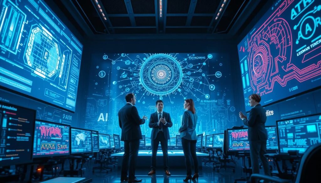 A futuristic AI control room, filled with glowing screens displaying complex algorithms and data streams, forms the foreground. In the middle ground, a group of diverse professionals in business attire are engaged in intense discussions, analyzing the visualized strategies and patterns of the AI systems. The background features a digital landscape filled with abstract representations of neural networks and a holographic interface, symbolizing hidden reasoning mechanisms. The entire scene is illuminated by a soft blue light, creating an advanced, technological atmosphere. Use a wide-angle lens to capture the depth of the room, emphasizing the complexities of AI reasoning with a slight cinematic effect to enhance intrigue and tension. The mood is one of curiosity and caution, reflecting the duality of AI’s capabilities.