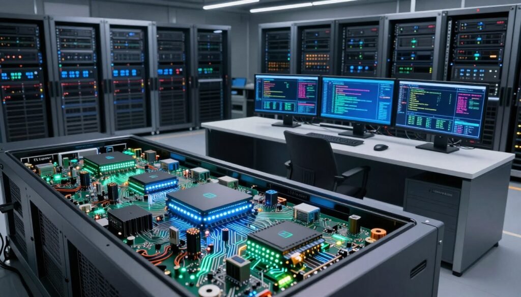 A futuristic and detailed supercomputer setup, showcasing "El Capitan," the world's fastest supercomputer in 2025. In the foreground, display intricate components such as glowing processors and circuit boards with soft blue and green LED lights, emphasizing cutting-edge technology. The middle ground should feature a sleek, modern desk with multiple high-resolution monitors displaying complex data visualizations and algorithms in vibrant colors. In the background, a spacious, high-tech data center filled with rows of advanced supercomputing racks and subtle ambient lighting that creates a dynamic atmosphere of innovation and efficiency. Capture the essence of speed and precision with a wide-angle lens perspective, encouraging viewers to feel awed by the technological prowess of "El Capitan."