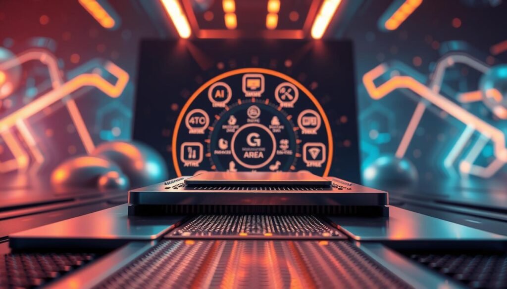 A futuristic and sleek illustration of a high-end flagship chipset, showcasing its advanced features and technological support. In the foreground, a polished, metallic chipset glimmers under soft, ambient lighting, with intricate circuit patterns visible on its surface. The middle layer presents a dynamic display of icons representing various technologies supported by the chipset, such as AI processing and enhanced graphics, arranged in a circular layout around the chipset. In the background, a blurred tech-inspired landscape features abstract shapes and glowing digital elements, evoking a sense of cutting-edge innovation. The atmosphere is vibrant yet professional, emphasizing the sophistication and power of modern technology. The lens angle captures the chipset dramatically from a low perspective, enhancing its prominence in the composition.