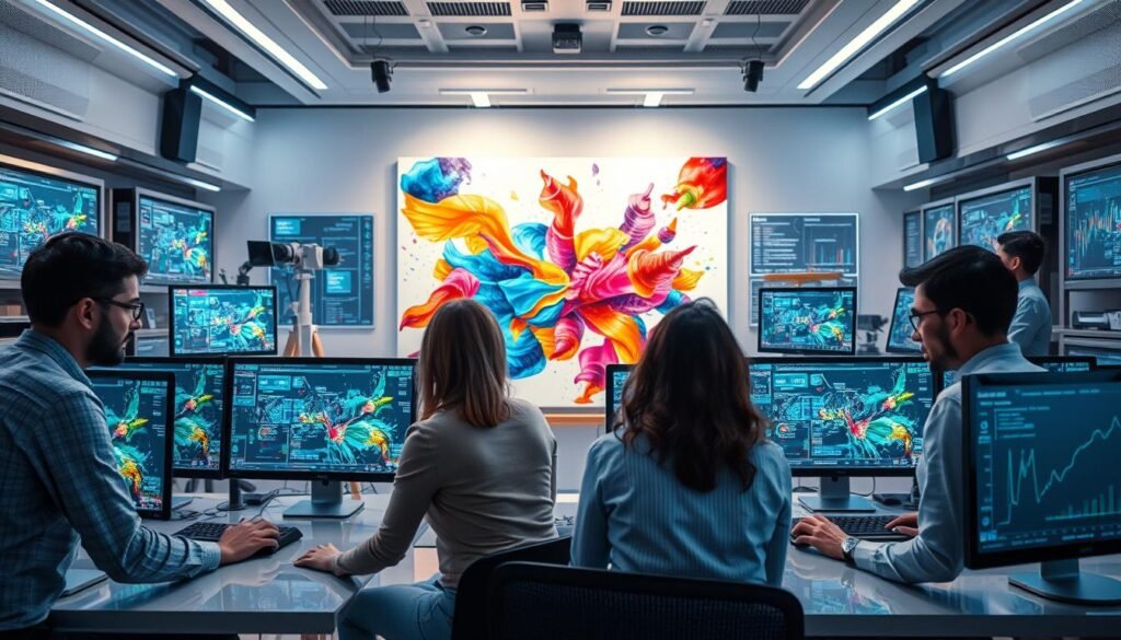 A futuristic artist's studio infused with elements of machine learning and data visualization. In the foreground, a diverse group of professionals, dressed in smart casual attire, collaboratively working on advanced computers displaying colorful AI-generated art and data charts. In the middle ground, a large canvas showcases a vibrant painting created by an AI algorithm, blending abstract patterns and dynamic colors. The backdrop features a high-tech environment, filled with glowing screens and interactive graphs depicting data flows. Soft, ambient lighting highlights the creative atmosphere, casting gentle reflections off polished surfaces. The overall mood is innovative and inspiring, capturing the synergy of technology and artistic expression in one cohesive scene.