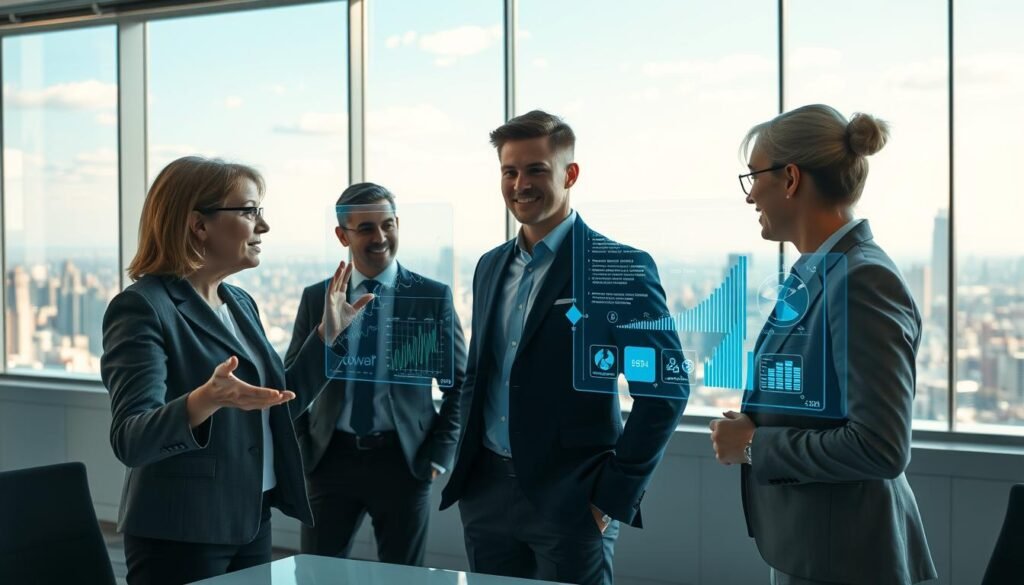 A futuristic business meeting room with diverse human professionals, dressed in smart business attire, collaborating with advanced AI holograms. In the foreground, a middle-aged woman gestures towards a floating display showing complex graphs and strategic plans. In the middle, a young man interacts with a holographic AI assistant, displaying charts and data analytics. In the background, a panoramic window reveals a vibrant city skyline under a bright blue sky, symbolizing innovation and progress. Soft, ambient lighting enhances the professional atmosphere, casting subtle shadows that suggest depth. The mood is dynamic, emphasizing collaboration between humans and AI, embodying a bright future in business strategy.