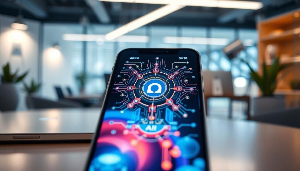 A futuristic close-up of an iOS device showcasing advanced AI processing capabilities. In the foreground, a sleek iPhone 16 with a vibrant display, featuring intricate AI interface with glowing graphics. The middle area highlights seamless integration of AI algorithms visually represented with flowing lines of data and neural network diagrams. The background consists of a modern office environment with soft-focus elements like a minimalist desk, plants, and ambient lighting, creating a tech-savvy atmosphere. Use soft blue and silver tones to convey a sense of innovation and sophistication. The composition should be inviting, emphasizing cutting-edge technology in a professional context. High dynamic range lighting enhances the details, shot at a slight angle to give depth and perspective, while ensuring a safe-for-work presentation.